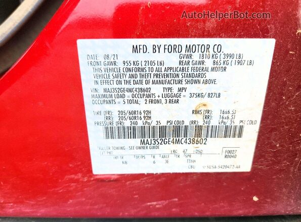 MAJ3S2GE4MC438602 2021 FORD ECOSPORT Burgundy Vista de la etiqueta del VIN