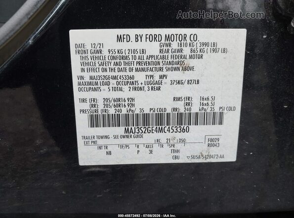 MAJ3S2GE4MC453360 2021 FORD ECOSPORT Черный Вид подкапотного пространства