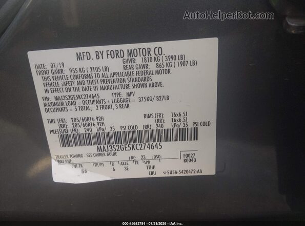 MAJ3S2GE5KC274645 2019 FORD ECOSPORT Gray ძრავის განყოფილების ხედი