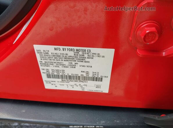 MAJ3S2GE5KC296211 2019 FORD ECOSPORT Red Vista del compartimento del motor