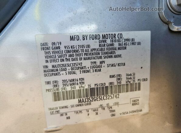 MAJ3S2GE5LC325742 2020 FORD ECOSPORT Silver Вид наклейки з VIN-кодом
