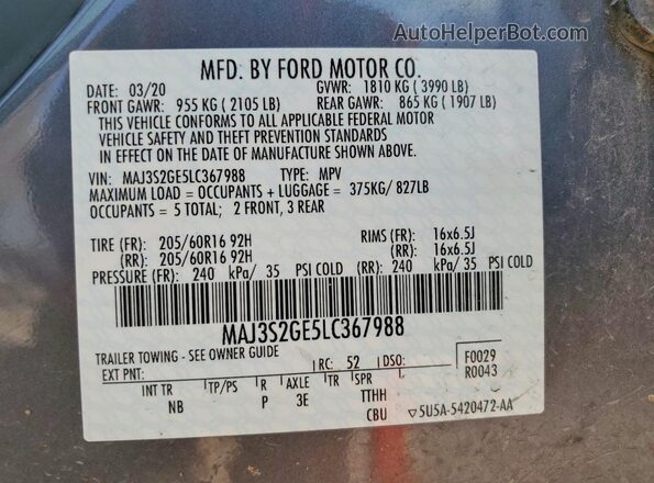 MAJ3S2GE5LC367988 2020 FORD ECOSPORT Gray Սալոնի 360 աստիճան տեսք