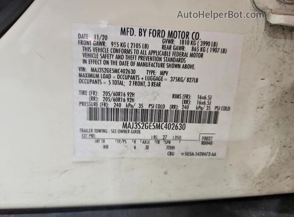 MAJ3S2GE5MC402630 2021 FORD ECOSPORT Белый Панорамный вид салона 360°