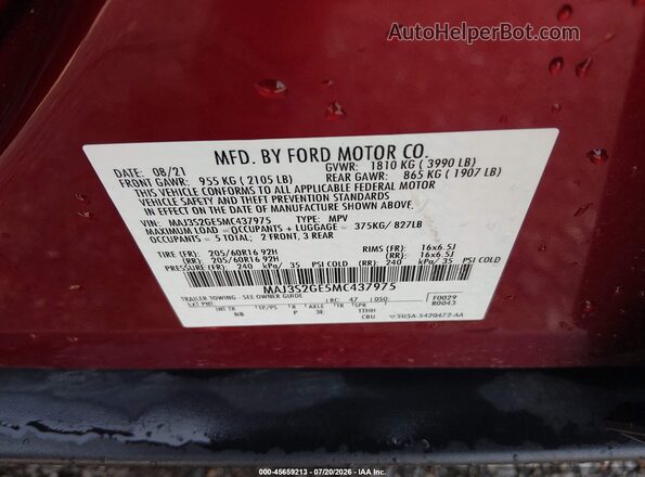 MAJ3S2GE5MC437975 2021 FORD ECOSPORT Красный Вид подкапотного пространства