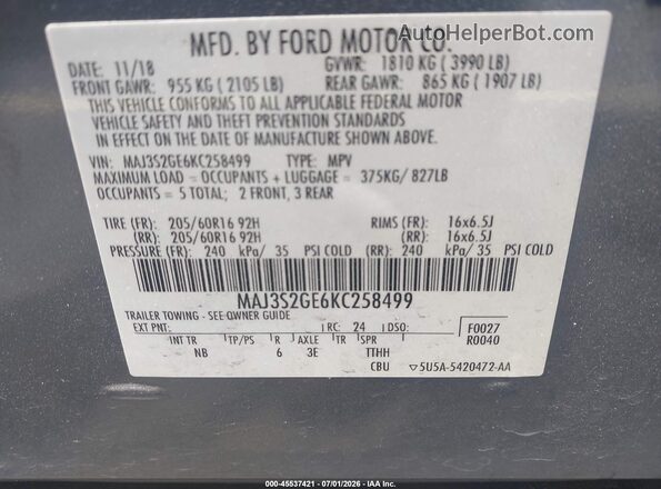 MAJ3S2GE6KC258499 2019 FORD ECOSPORT Gray Вид підкапотного простору