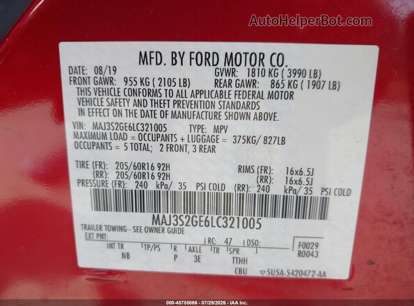MAJ3S2GE6LC321005 2020 FORD ECOSPORT Red Widok komory silnika