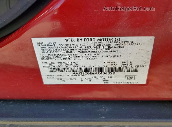 MAJ3S2GE6MC406329 2021 FORD ECOSPORT Red VIN sticker view
