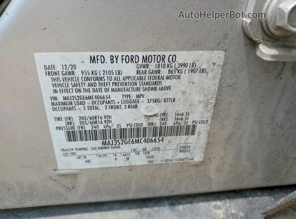 MAJ3S2GE6MC406654 2021 FORD ECOSPORT Silver VIN sticker view