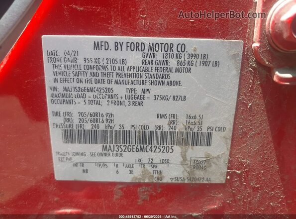 MAJ3S2GE6MC425205 2021 FORD ECOSPORT Red Widok komory silnika