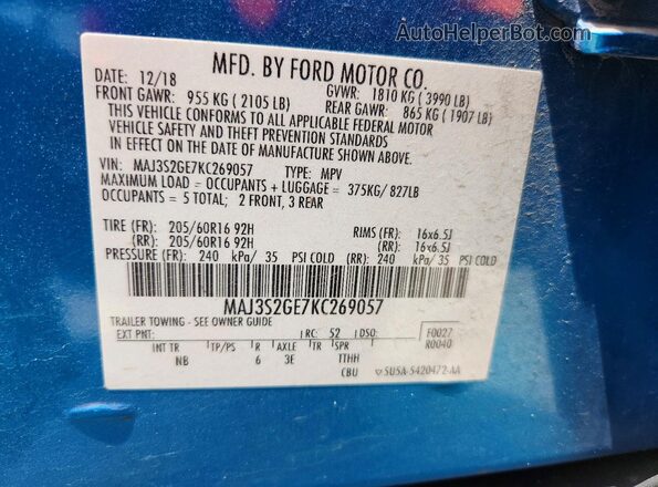 MAJ3S2GE7KC269057 2019 FORD ECOSPORT Синий Вид наклейки с VIN-кодом