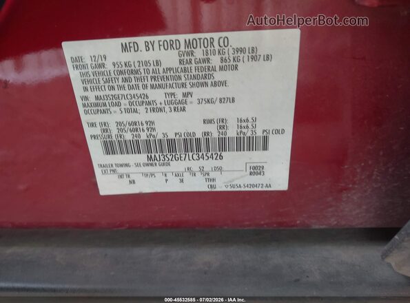 MAJ3S2GE7LC345426 2020 FORD ECOSPORT Red Շարժիչի բաժամունքի տեսք
