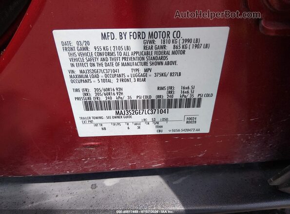 MAJ3S2GE7LC371041 2020 FORD ECOSPORT Red Engine compartment view