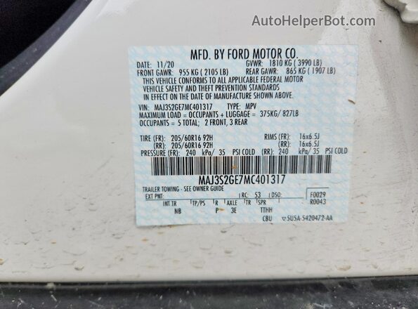 MAJ3S2GE7MC401317 2021 FORD ECOSPORT White VIN კოდის სტიკერის ხედი