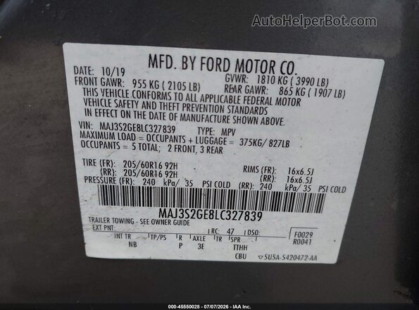 MAJ3S2GE8LC327839 2020 FORD ECOSPORT Gray Engine compartment view