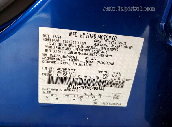 MAJ3S2GE8MC408468 2021 FORD ECOSPORT Синий Вид наклейки с VIN-кодом