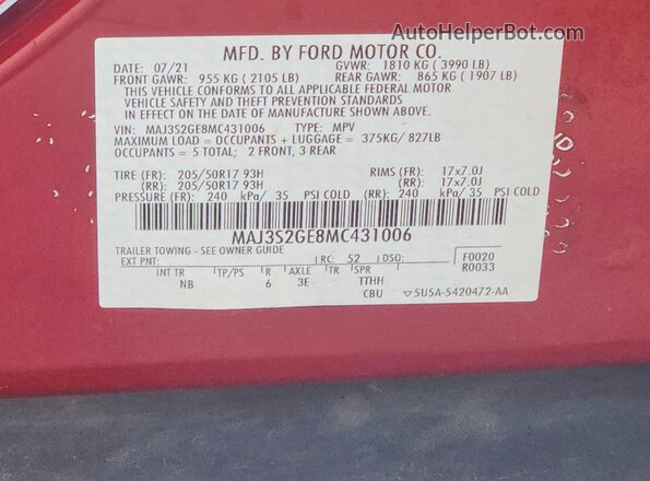 MAJ3S2GE8MC431006 2021 FORD ECOSPORT Красный Вид наклейки с VIN-кодом