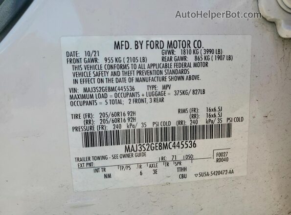 MAJ3S2GE8MC445536 2021 FORD ECOSPORT White Vista de la etiqueta del VIN
