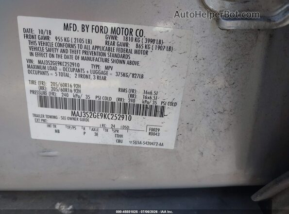 MAJ3S2GE9KC252910 2019 FORD ECOSPORT Silver Вид підкапотного простору