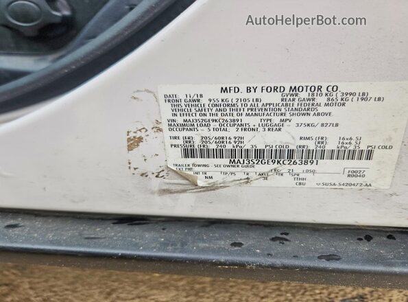 MAJ3S2GE9KC263891 2019 FORD ECOSPORT White Widok naklejki z numerem VIN