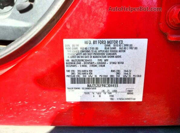 MAJ3S2GE9KC304455 2019 FORD ECOSPORT Red Vista de la etiqueta del VIN