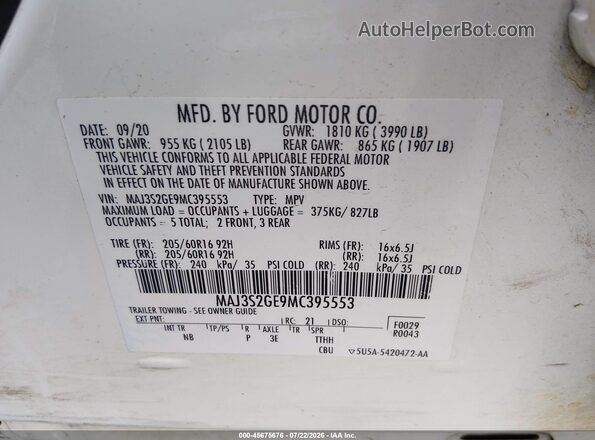 MAJ3S2GE9MC395553 2021 FORD ECOSPORT White Vista del compartimento del motor