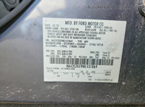 MAJ3S2GE9MC431869 2021 FORD ECOSPORT Gray ძრავის განყოფილების ხედი