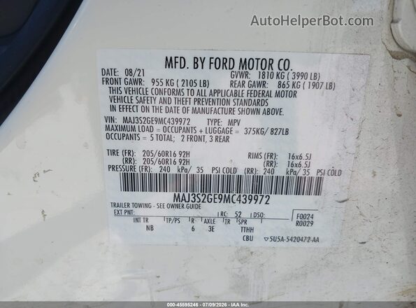 MAJ3S2GE9MC439972 2021 FORD ECOSPORT White Widok komory silnika