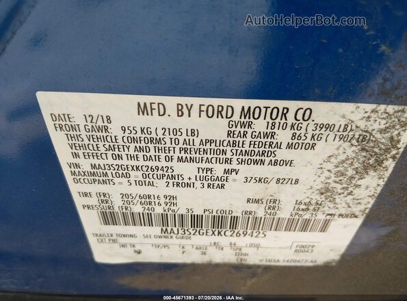 MAJ3S2GEXKC269425 2019 FORD ECOSPORT Blue Vista del compartimento del motor