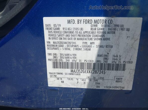 MAJ3S2GEXKC287245 2019 FORD ECOSPORT Blue Engine compartment view