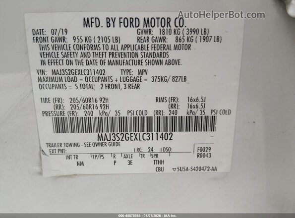 MAJ3S2GEXLC311402 2020 FORD ECOSPORT Белый Вид подкапотного пространства