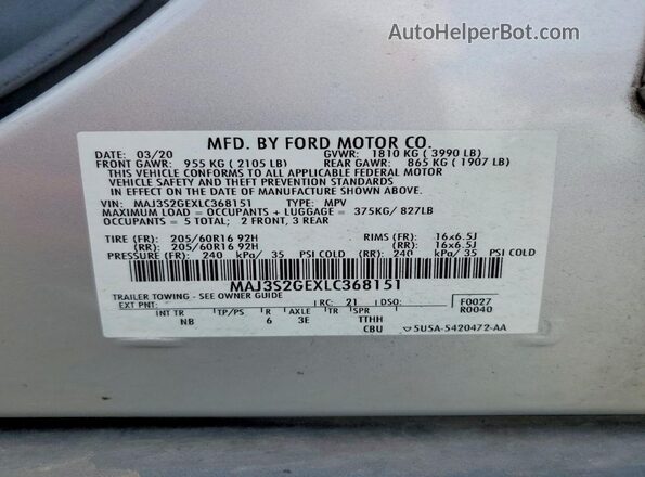 MAJ3S2GEXLC368151 2020 FORD ECOSPORT Silver VIN sticker view
