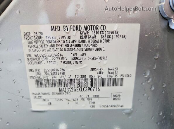 MAJ3S2GEXLC390716 2020 FORD ECOSPORT Silver VIN კოდის სტიკერის ხედი