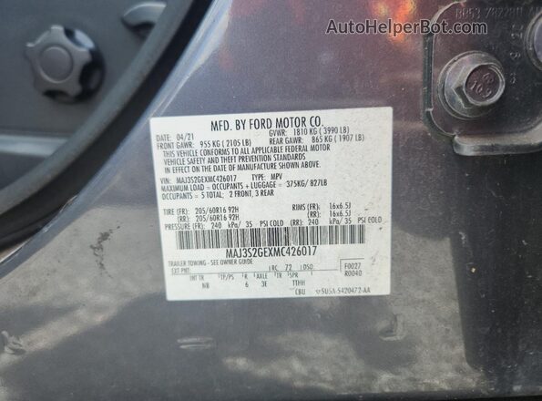MAJ3S2GEXMC426017 2021 FORD ECOSPORT Gray VIN კოდის სტიკერის ხედი