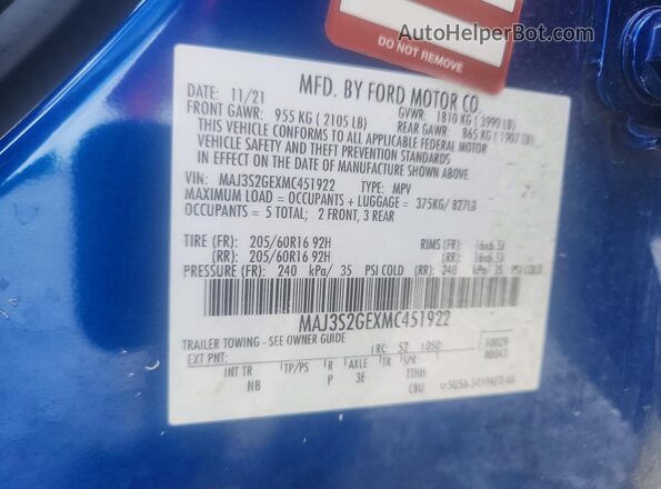MAJ3S2GEXMC451922 2021 FORD ECOSPORT Синий Вид наклейки с VIN-кодом