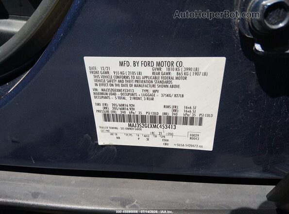 MAJ3S2GEXMC453413 2021 FORD ECOSPORT Blue Vista del compartimento del motor