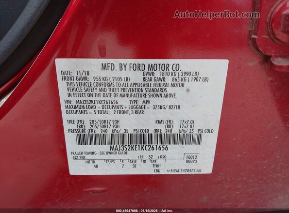 MAJ3S2KE1KC261656 2019 FORD ECOSPORT Red Вид підкапотного простору