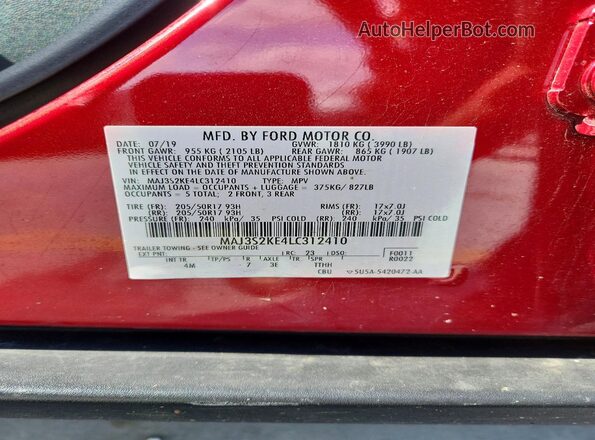 MAJ3S2KE4LC312410 2020 FORD ECOSPORT Red Widok naklejki z numerem VIN