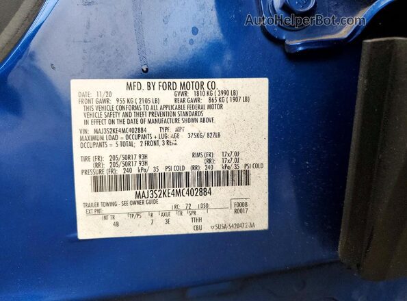 MAJ3S2KE4MC402884 2021 FORD ECOSPORT Blue Vista de la etiqueta del VIN