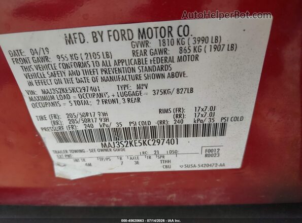 MAJ3S2KE5KC297401 2019 FORD ECOSPORT Красный Вид подкапотного пространства