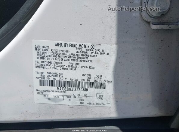 MAJ3S2KE8LC360380 2020 FORD ECOSPORT White Vista del compartimento del motor