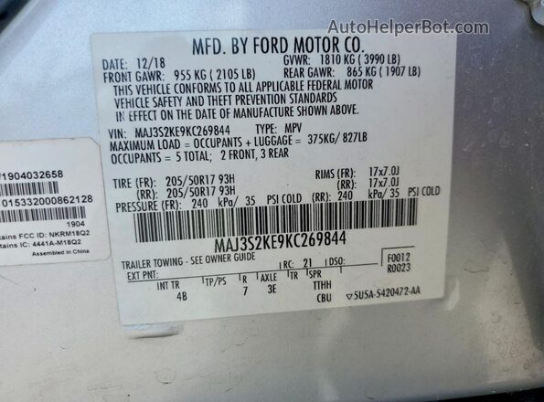 MAJ3S2KE9KC269844 2019 FORD ECOSPORT Silver VIN sticker view