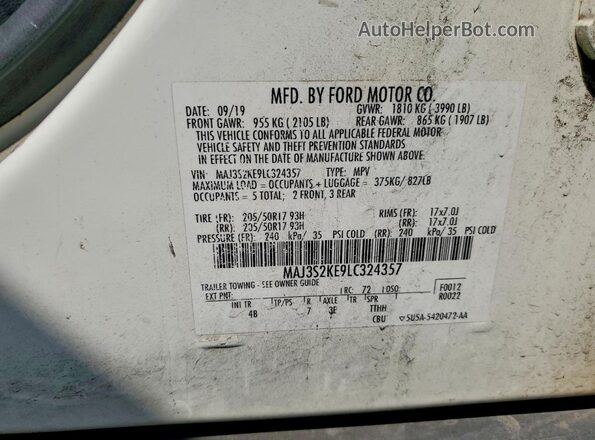 MAJ3S2KE9LC324357 2020 FORD ECOSPORT Белый Вид наклейки с VIN-кодом