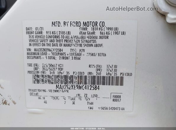 MAJ3S2KE9MC412584 2021 FORD ECOSPORT White Vista del compartimento del motor