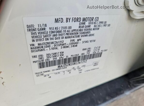 MAJ3S2KEXKC261252 2019 FORD ECOSPORT Белый Вид наклейки с VIN-кодом