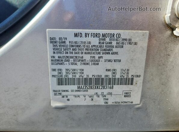 MAJ3S2KEXKC283168 2019 FORD ECOSPORT Silver Շարժիչի բաժամունքի տեսք