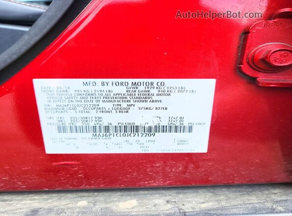 MAJ6P1CL0JC212209 2018 FORD ECOSPORT Maroon VIN კოდის სტიკერის ხედი