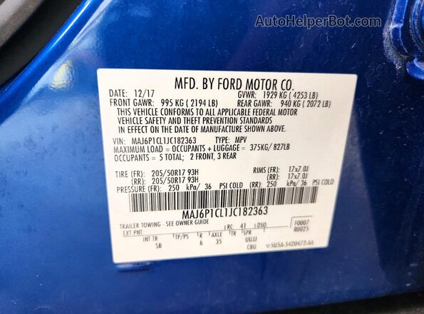MAJ6P1CL1JC182363 2018 FORD ECOSPORT Синий Панорамный вид салона 360°