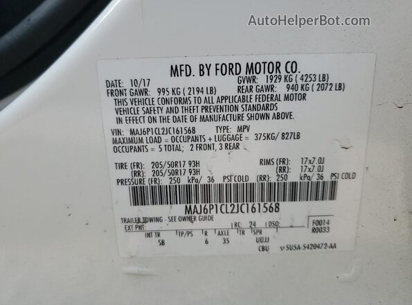 MAJ6P1CL2JC161568 2018 FORD ECOSPORT Белый Вид наклейки с VIN-кодом