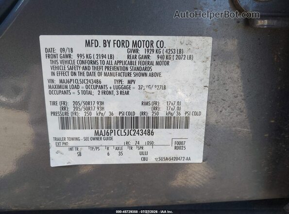 MAJ6P1CL5JC243486 2018 FORD ECOSPORT Gray ძრავის განყოფილების ხედი