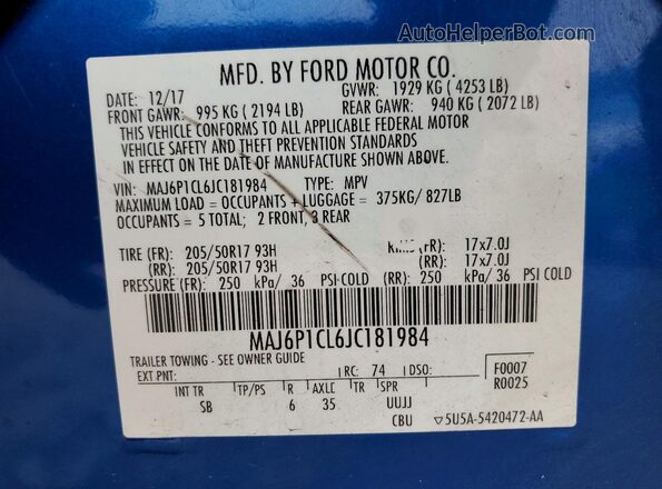 MAJ6P1CL6JC181984 2018 FORD ECOSPORT Blue Вид наклейки з VIN-кодом
